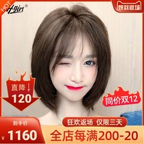 Wig female air bangs level short straight hair full real hair silk whole head cover full hand woven real hair