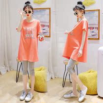 Pregnancy Maternity Dress Summer Suit Loose Medium Long Summer Dress Pregnant Woman T-Shirt Skirt Short Sleeve Dress Two-piece Suit Blouse