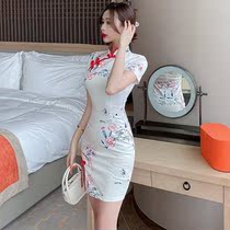 2021 summer dress new printed modified light split fashion cheongsam short white temperament short sleeve dress