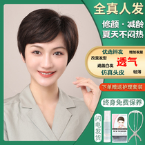 Wig female short hair full real hair in the coming years headgear summer to send mother natural texture oblique simulation full headgear