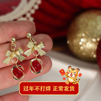 New Year Red Bow Earrings Women 2021 New Tide Sterling Silver Advanced New Year Bride Earrings Earrings Winter
