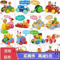 Childrens interest Meng Meng Mengjia Japanese brand Beech bear drum pull cart tow toddler wooden toys