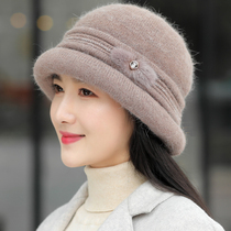 Elderly winter hat female mother basin hat rabbit hair plus velvet thick warm hat old man grandmother knitted wool hat F