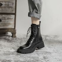 Tide brand leather horse boots new autumn popular style black locomotive boots temperament thick-soled short boots women
