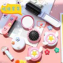 Creative portable folding flap type airbag comb mirror dual-purpose set small and cute little flower with girl heart comb