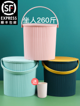 Bath bucket portable stool plastic thickened kindergarten home bathroom laundry storage bucket with lid fishing bucket