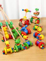Childrens educational toy putter duckling cart cartoon animal cart wooden trolley mixed toddler toy