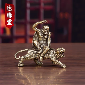 友人旧蔵品 精工銅製 伏虎羅漢 茶寵小擺件 置物 賞物