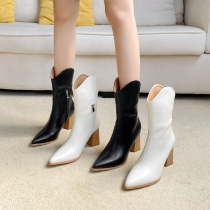 Hong Kong leather thick-heeled short boots female ins tide 2021 autumn new versatile pointed high-heeled British Knights boots