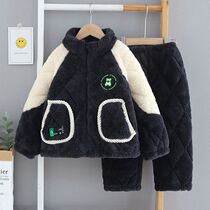 Childrens autumn winter pajamas boy thickened coral velvet three layers of cotton jacket girl cotton cotton clothes in the big boys home suit