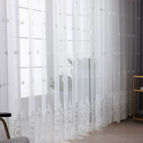 Embroidered Floral White Tulle Window Screen Curtain for Liv