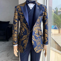 Jacquard Floral Tuxedo Suits for Men Wedding Slim Fit Navy B