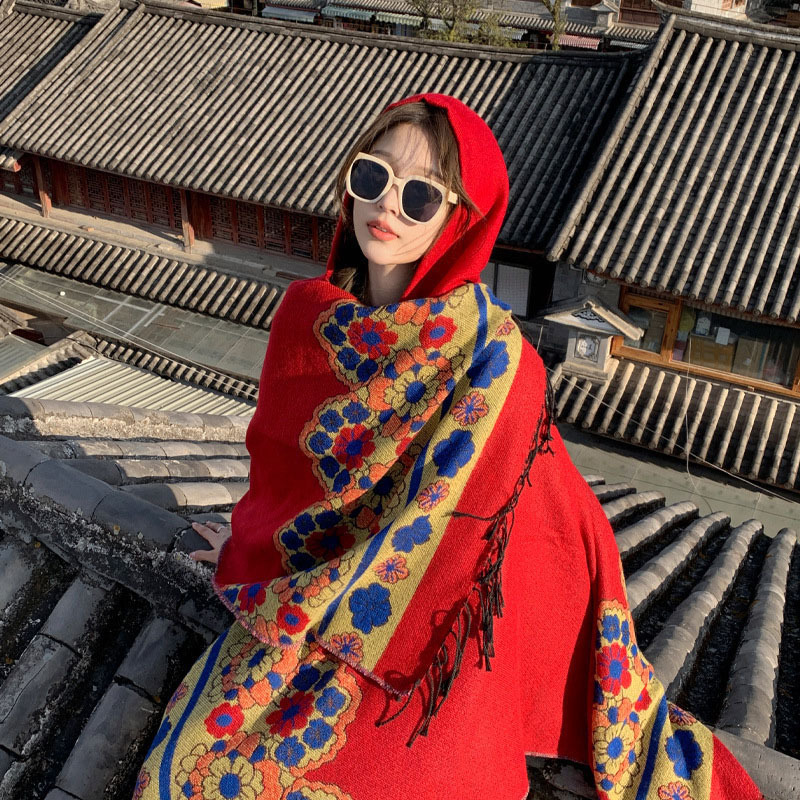 MossKlue 新疆チベット旅行摩耗エスニックスタイルショールマント女性のフード付き厚く暖かいマントスカーフ