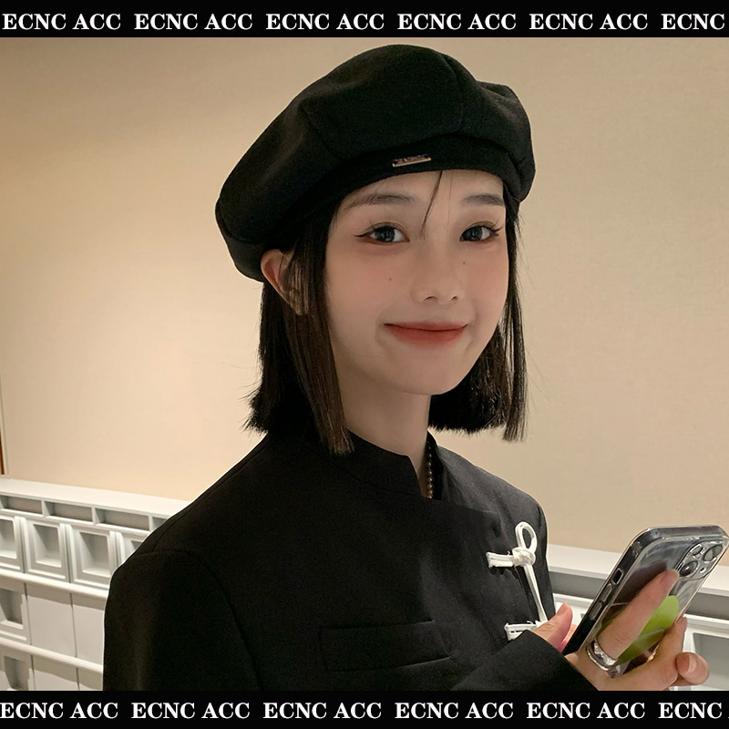 黒ベレー帽女性の夏春と秋の韓国スタイルの大きな頭のつぼみの帽子顔見せ小さなインターネット有名人の八角形の画家の帽子