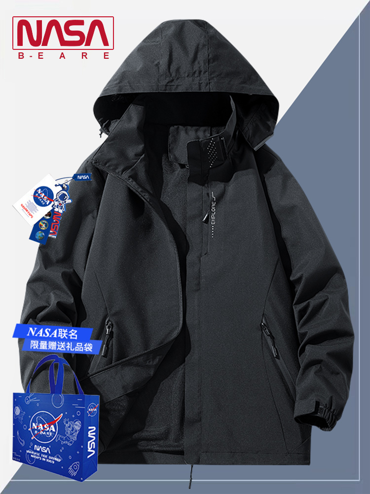 NASA 共同ブランド ジャケット、男性用と女性用、アウトドア チベット登山ジャケット、女性用防風性と防水性のキャンプ フード付きジャケット