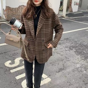 2023 Wool Coat Autumn and Winter Plaid Medium Coat Women's Wool Trendy Double-sided Nylon Wool Small Suit