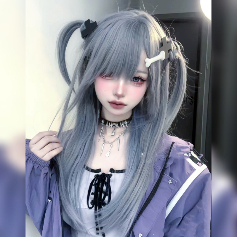 Little Fairy Fish Wig Female Long Hair Gradient Grey Blue Daily Whitening Round Face Long Straight Hair Simulation Natural Full Head Set