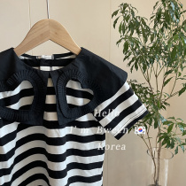High-end different pro-sub-dress 2022 Summer Korea capsized striped mother-daughter dress pure cotton girl with long t-shirt