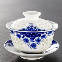 Cover bowl tea cup tea set large tea bowl three just cover bowl tea exquisite hollow ceramic kung fu tea bowl hand grab pot