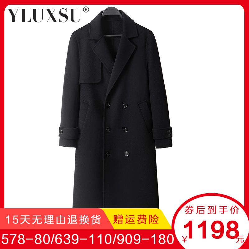 10% Cashmere Coat Men's High end Double sided Fabric Windbreaker Double breasted Wool Coat Casual Over Knee Mid Length