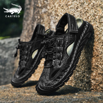 Crocodile Baotou sandals Mens casual outwear Genuine Leather Beach Shoe Tide Summer Head Layer Bull Leather Men Non-slip Leather Sandals