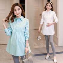 Pregnant women white shirt career interview loose top spring and autumn long-sleeved large size tooling OL work overalls shirt tide