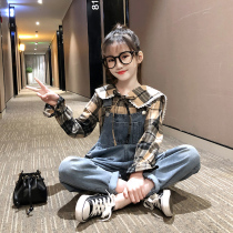 Girls denim pants set foreign fashion childrens spring clothes in the big boy 2021 New suspenders two-piece set