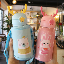 Cartoon antler children straw thermos cup 316 stainless steel girl heart Net red hand Cup cute crossbody kettle