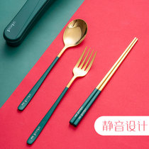 High face value 304 stainless steel chopsticks spoon Fork three-piece set student Household portable tableware set storage box