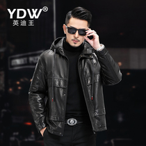 Haining leather hooded oil wax cowhide locomotive thin leather jacket dad removable leather down liner coat tide