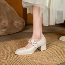 Tis Danny blockbuster new push retro flower word with square head thick heel Mary Jane single shoes female 5 5CM