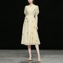 Caring Kiss new vintage tea break dress suit collar short sleeve polka dot embroidered lace-up mid-length dress