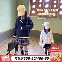  Girls pullover sweater student wild autumn personality V-neck CUHK childrens sweater JK college style collocation