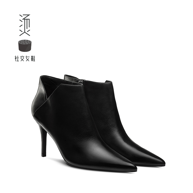 Hot social women's shoes 2018 autumn and winter new temperament black pointed calfskin stiletto boots women's fashion