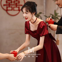 Satin toast to the bride Summer Advanced Sensation Wedding Gown Engagement Wine Red dress Back to door Little Subwoman