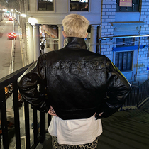Baihe adult original short high-grade ins Wind bump printing loose shoulder pad mens and womens leather jacket jacket