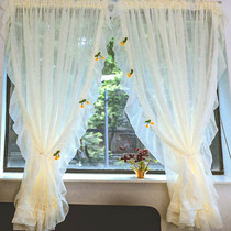  Korean-style punch-free ruffle edge beautiful window screen Bedroom bay window semi-shading screen curtain finished curtain velcro customization