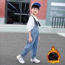 Boy Strap pants 2021 Winter new medium-size children plus velvet jeans warm and thick autumn winter belt pants tide