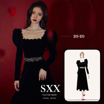 2021 new custom small dress light luxury celebrity velvet square collar bubble sleeve high annual meeting party dress
