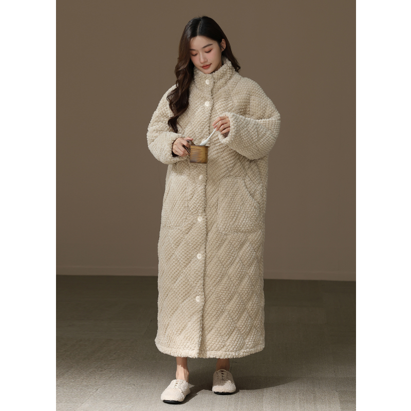 [超厚手] 女性のコーラルベルベットカーディガンナイトガウン冬 3 層キルティング暖かいパジャマバスローブ綿ジャケットホーム服