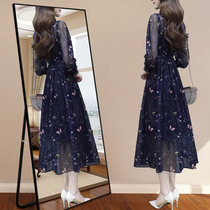 Floral chiffon dress popular womens clothing 2021 autumn new temperament waist thin autumn long-sleeved skirt