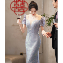 Advanced Senses Evening Dress Code Style Light Lavish High-end Temperament Blue Fish Tail Sequin Presenter Dress Bride Toast