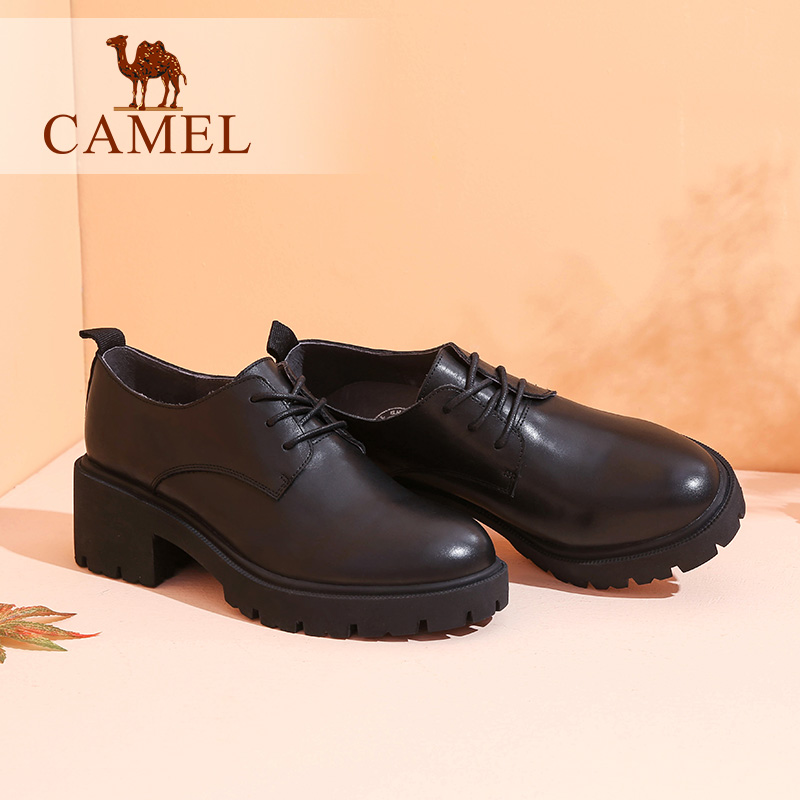 Camel autumn deep-mouthed leather shoes for women with thick heels and round-headed single shoes for leisure commuter shoes for women