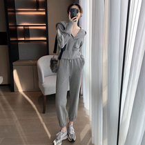 Grey Casual Sports Suit Woman 2022 Spring Summer New Fashion Less-age Lianhood Clothing Bouquet Leggings Pants Running Suit