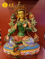 Nepalese painted green degree Mother Buddha statue of Sakya master works painted with golden green Chapbodice bronze statue