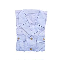87-style empty blue short-sleeved shirt Old-fashioned allotment summer cadre yarn card standard four pockets back split shirt