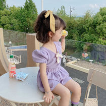 2021 new female baby summer short-sleeved two-piece swimsuit thin section childrens childrens summer girls floral suit