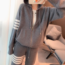 Tide brand tb four-bar waffle casual sweater jacket knitted sports suit loose men and women 21 autumn and winter thickened