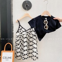 Childrens suit summer new girl foreign style solid color short sleeve chiffon flocking flower sling dress two sets