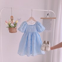 Little Princess Bubble Sleeve Dress Western Bow Dress Thin Mid-Big Child Girl 2021 Summer New Tide